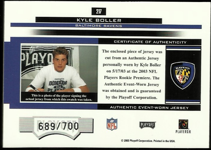 2003 Playoff Honors #217 Kyle Boller JSY RC back image