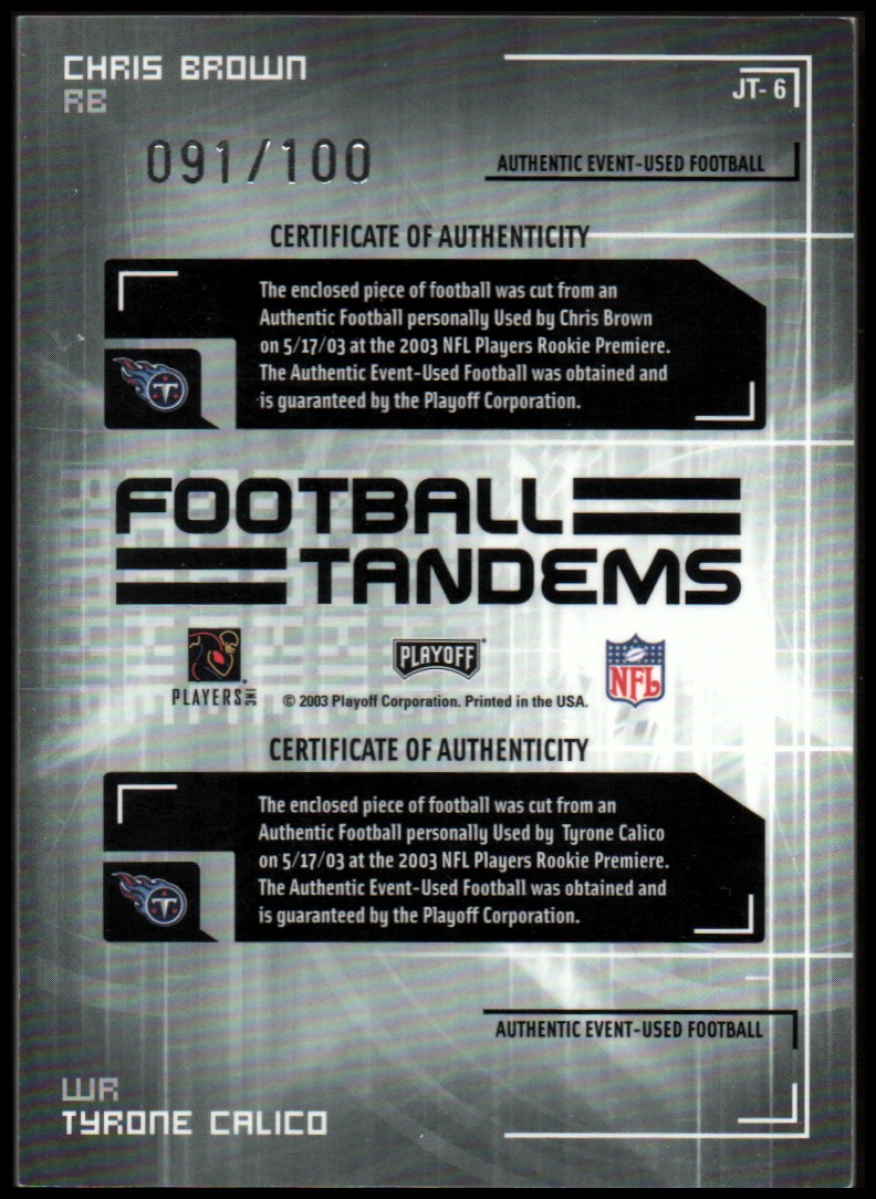 2003 Playoff Honors Football Tandems #FT6 Chris Brown/Tyrone Calico back image