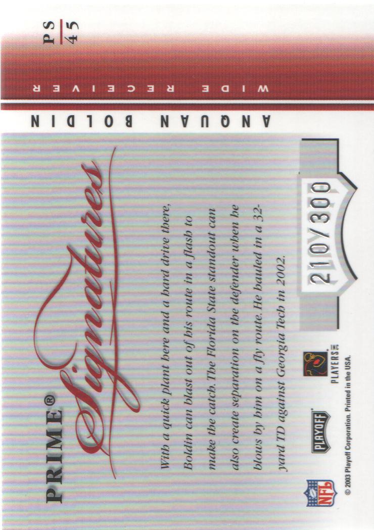2003 Playoff Honors Prime Signatures #PS45 Anquan Boldin/300 back image