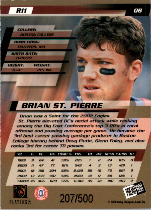 2003 Press Pass Reflectors #R11 Brian St.Pierre back image