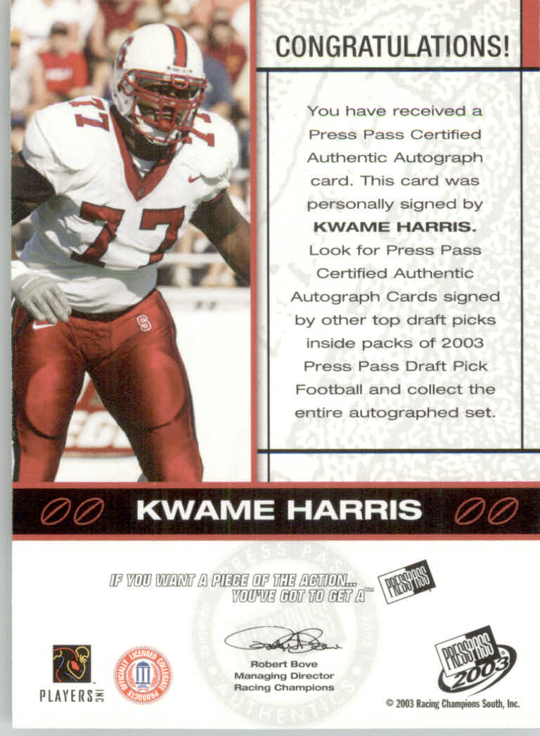 2003 Press Pass Autographs Bronze #22 Kwame Harris back image