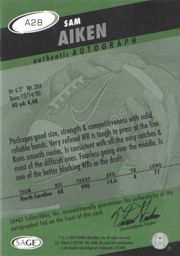 2003 SAGE HIT Autographs Emerald #A28 Sam Aiken back image