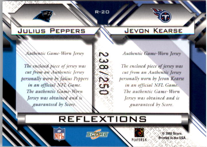2003 Score Reflextions Materials #R20 Jevon Kearse/Julius Peppers back image