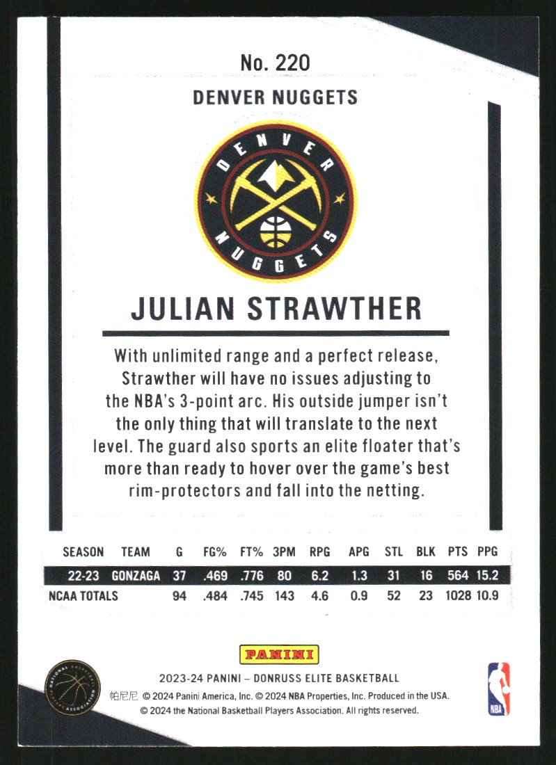 2023-24 Elite Orange #220 Julian Strawther back image