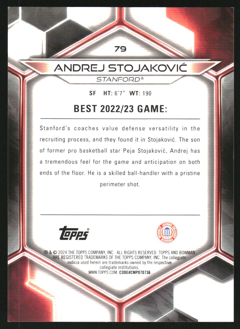 2023-24 Bowman's Best University Blue Refractors #79 Andrej Stojakovic