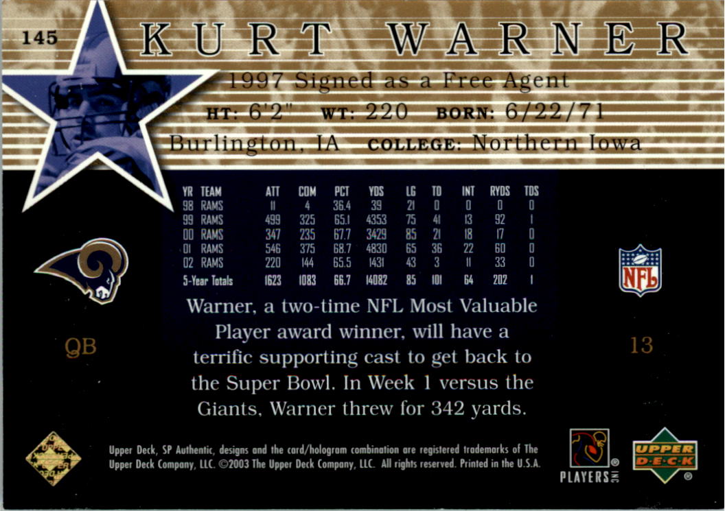 2003 SP Authentic Gold #145 Kurt Warner SS back image