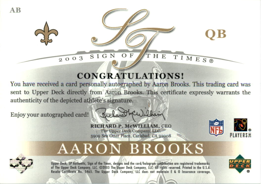 2003 SP Authentic Sign of the Times #AB Aaron Brooks/250 back image