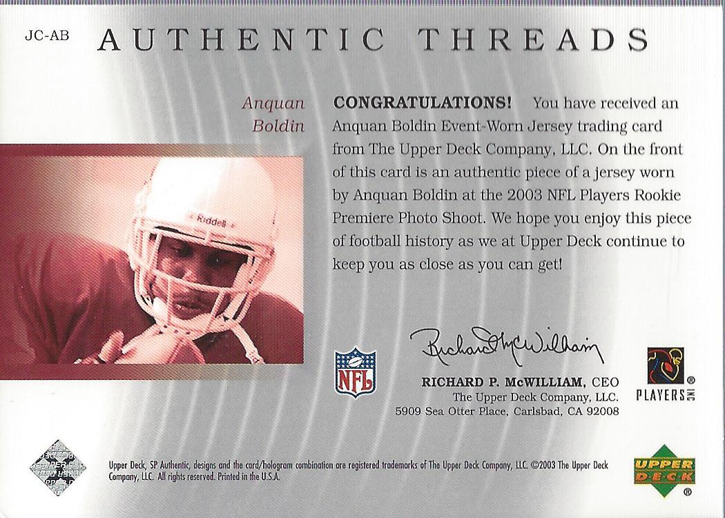 2003 SP Authentic Threads #JCAB Anquan Boldin back image