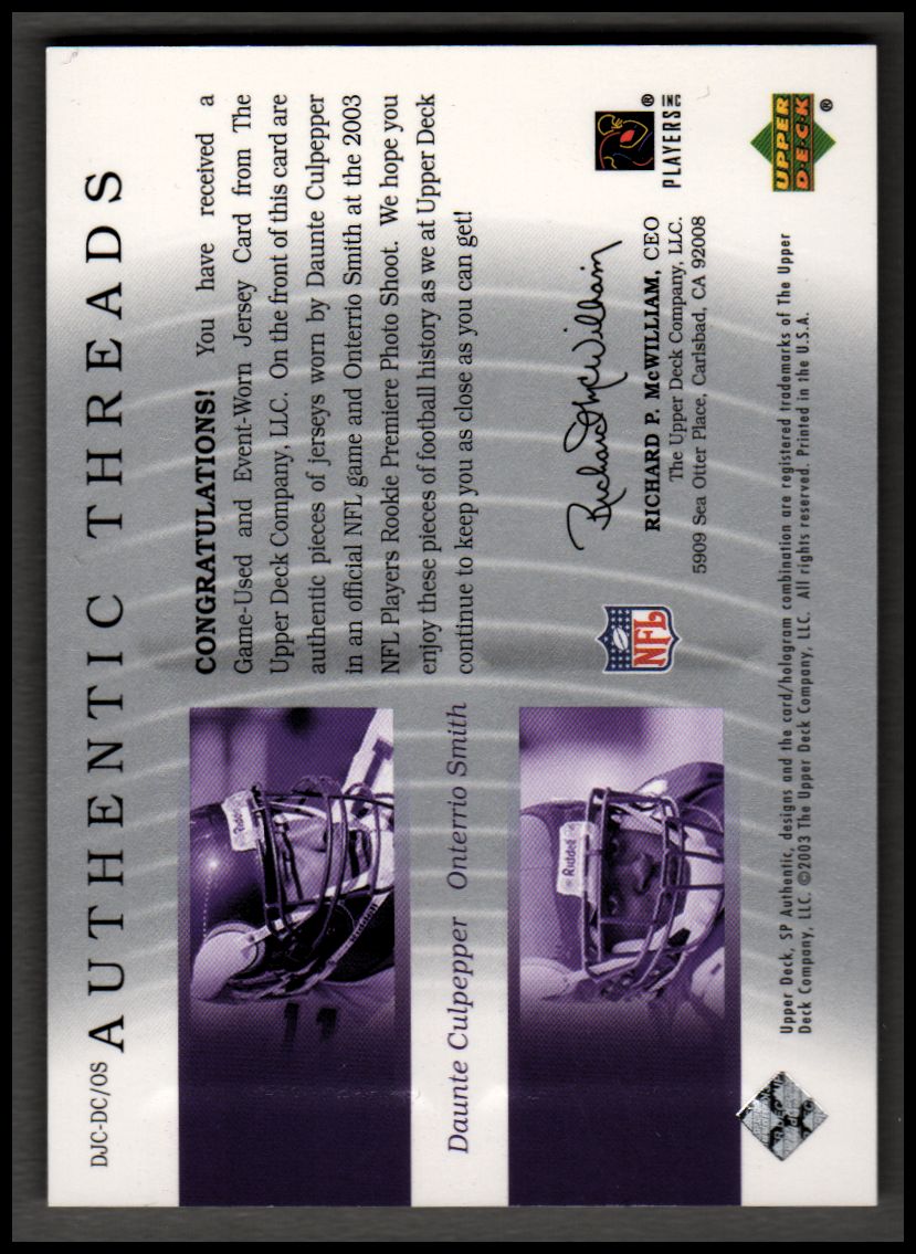2003 SP Authentic Threads Doubles #DCOS Daunte Culpepper/Onterrio Smith back image