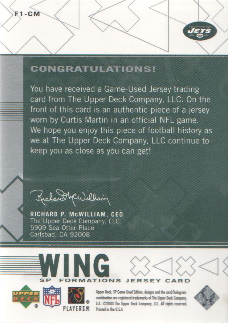 2003 SP Game Used Edition Formations Wing #CM Curtis Martin/750* back image
