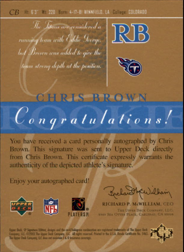2003 SP Signature Autographs Blue Ink #CB Chris Brown back image