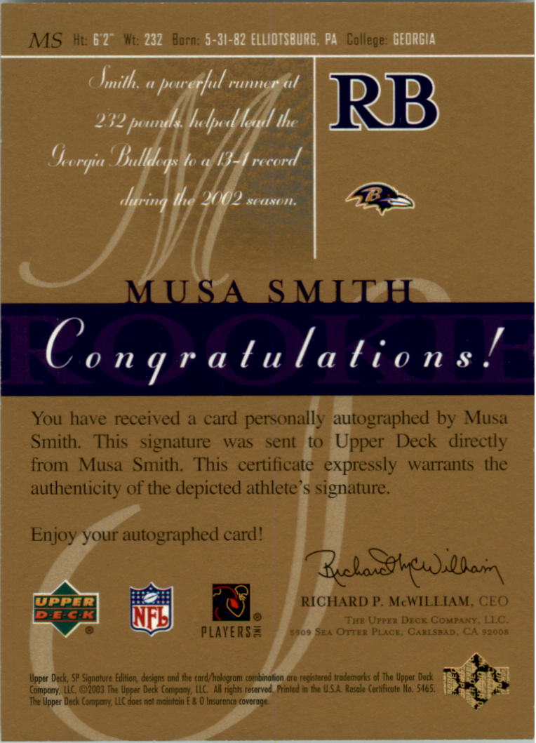 2003 SP Signature Autographs Blue Ink #MS Musa Smith back image