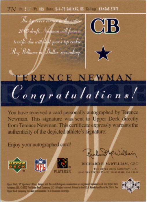 2003 SP Signature Autographs Blue Ink #TN Terence Newman back image
