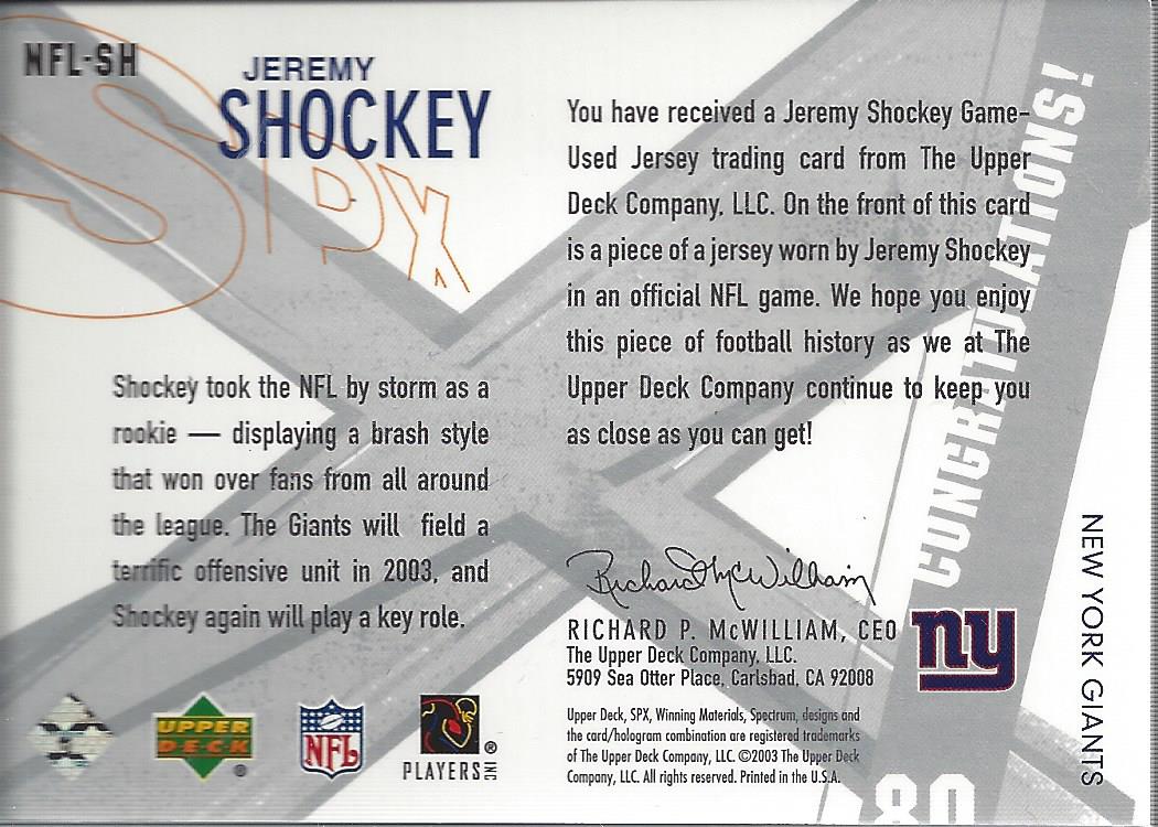 2003 SPx Winning Materials Team Logos #SH Jeremy Shockey/250 back image