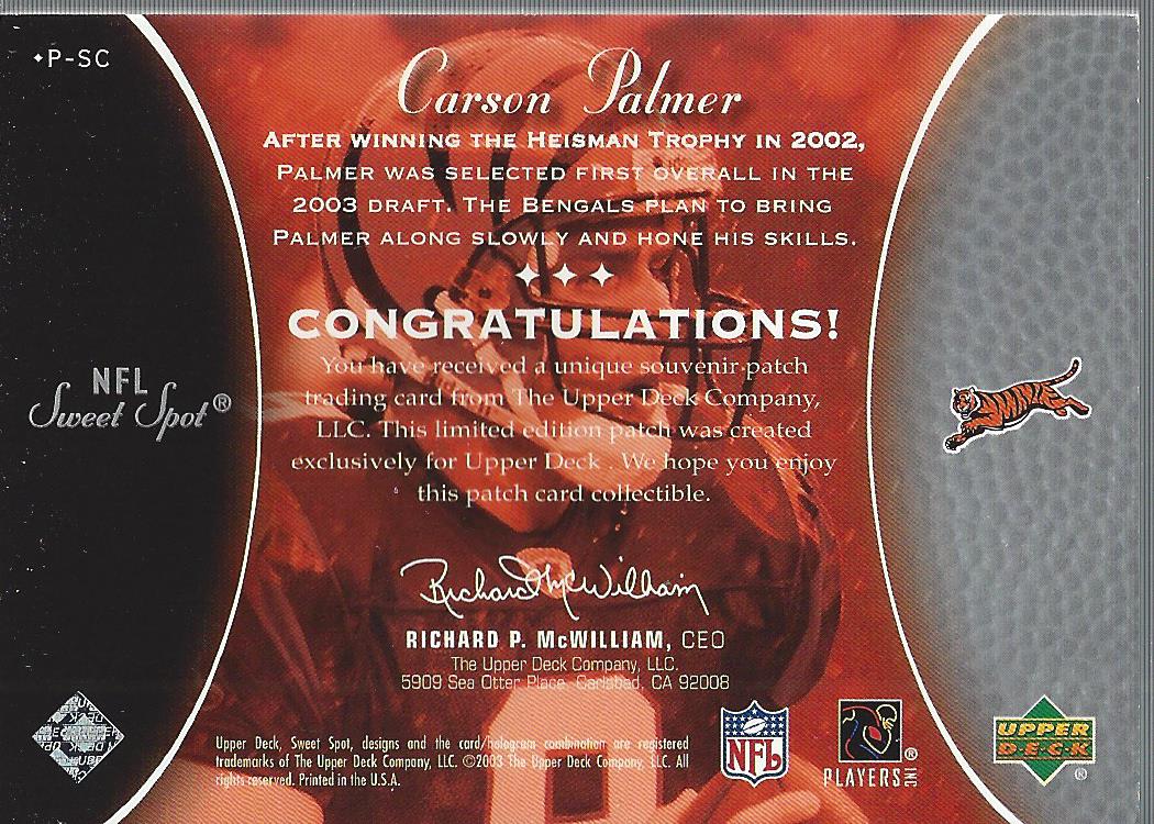 2003 Sweet Spot Classics Numbers #PSC Carson Palmer back image