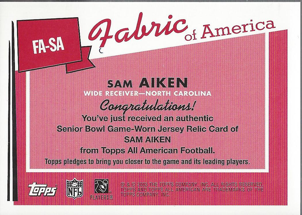 2003 Topps All American Fabric of America #FASA Sam Aiken E back image