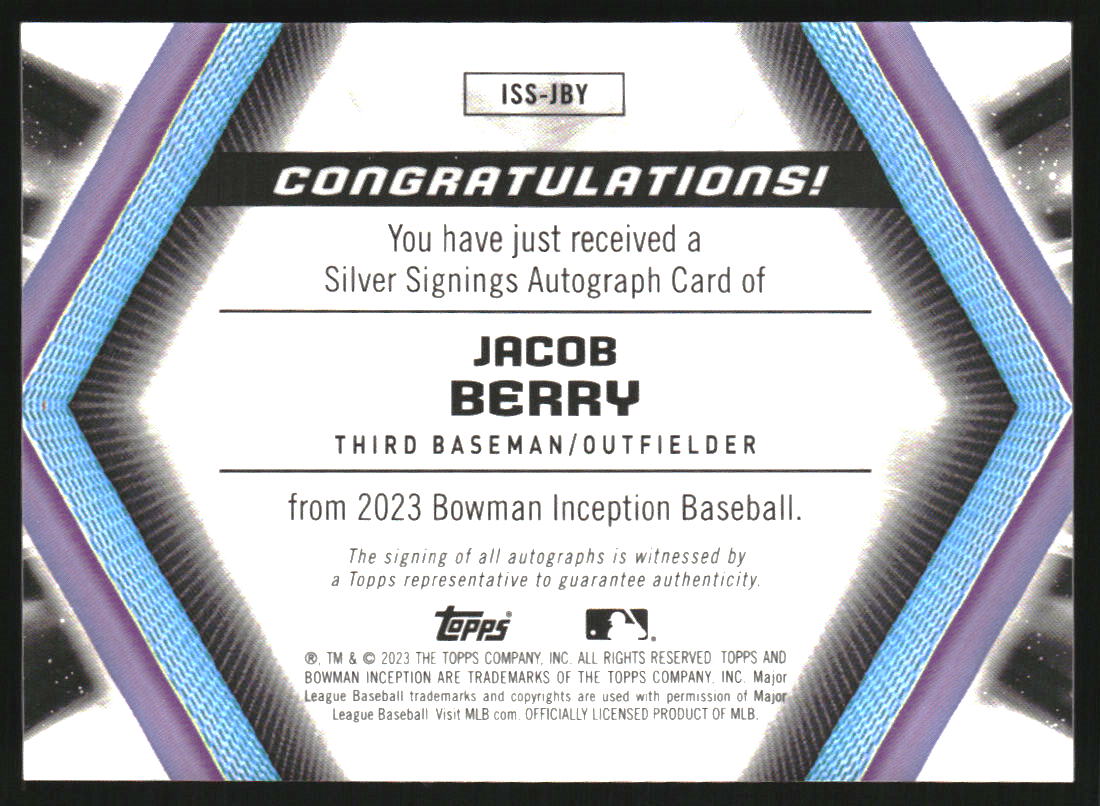 2023 Bowman Inception Silver Signings #ISSJBY Jacob Berry Auto /100