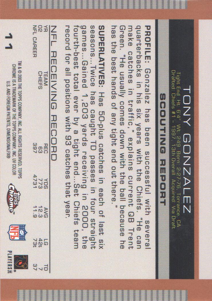 2003 Topps Draft Picks and Prospects Chrome #11 Tony Gonzalez back image