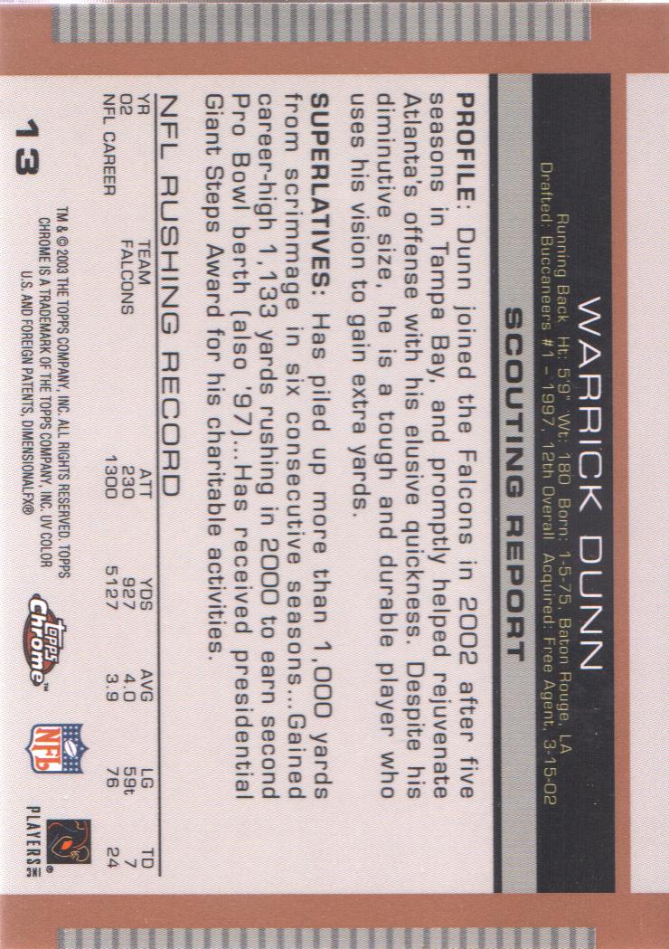 2003 Topps Draft Picks and Prospects Chrome #13 Warrick Dunn back image