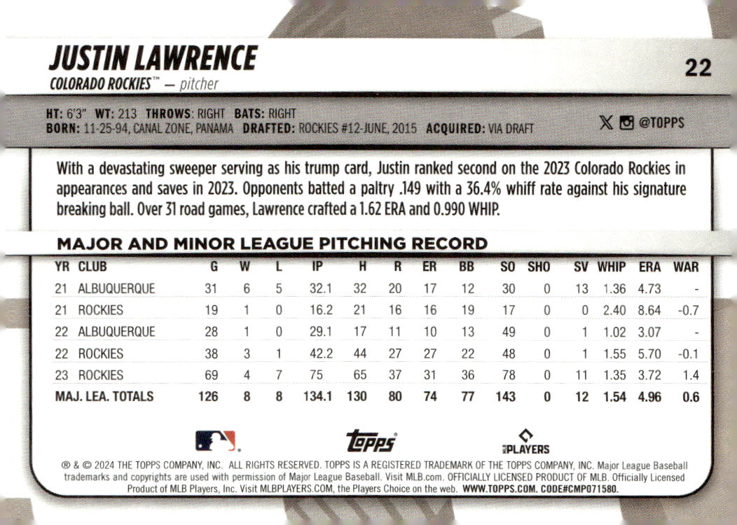 2024 Topps Big League #22 Justin Lawrence back image