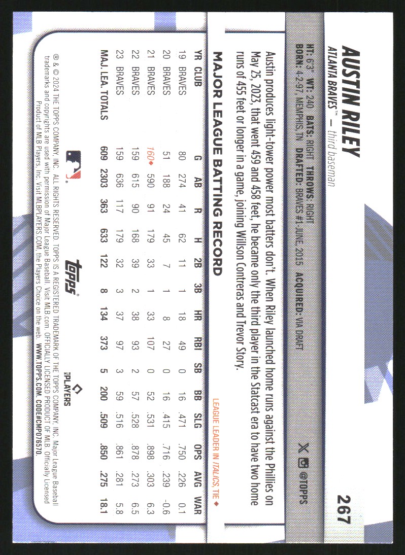 2024 Topps Big League #267 Austin Riley BLUE FOIL