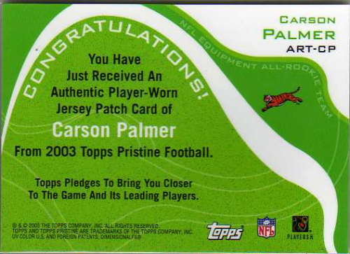 2003 Topps Pristine All-Rookie Team Jerseys #ARTCP Carson Palmer C back image
