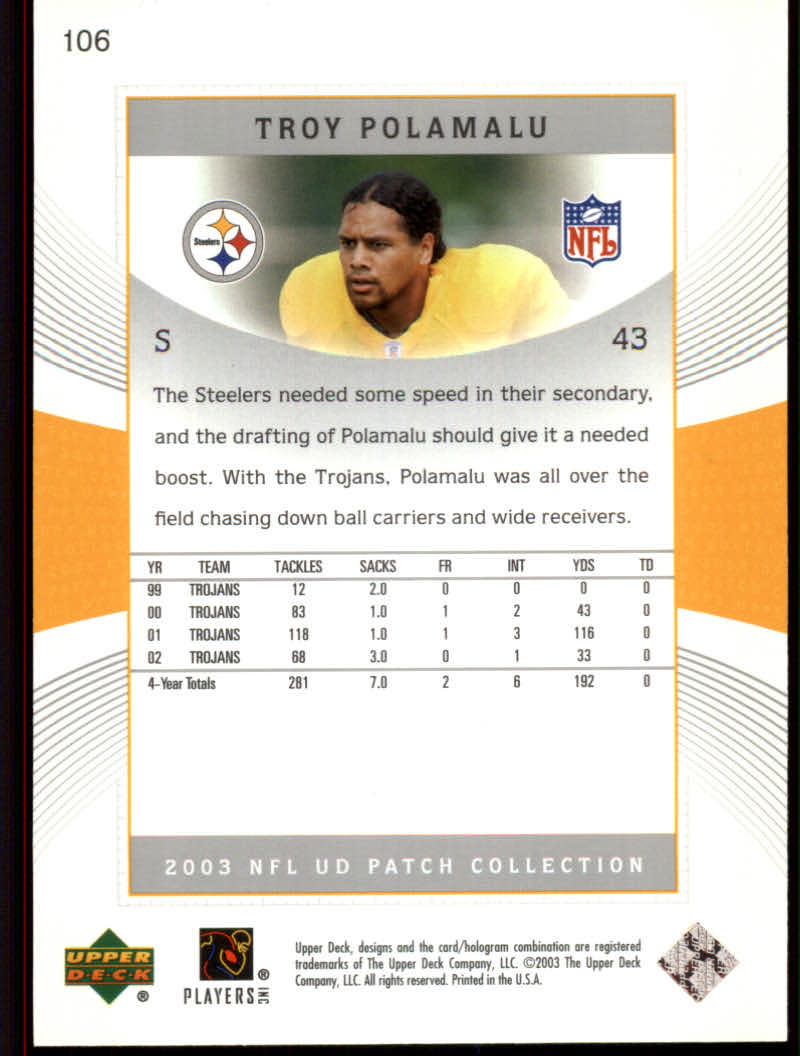 2003 Patch Collection (Upper Deck) Football "Main Set" Cards #1 to #120 - Picture 207 of 235