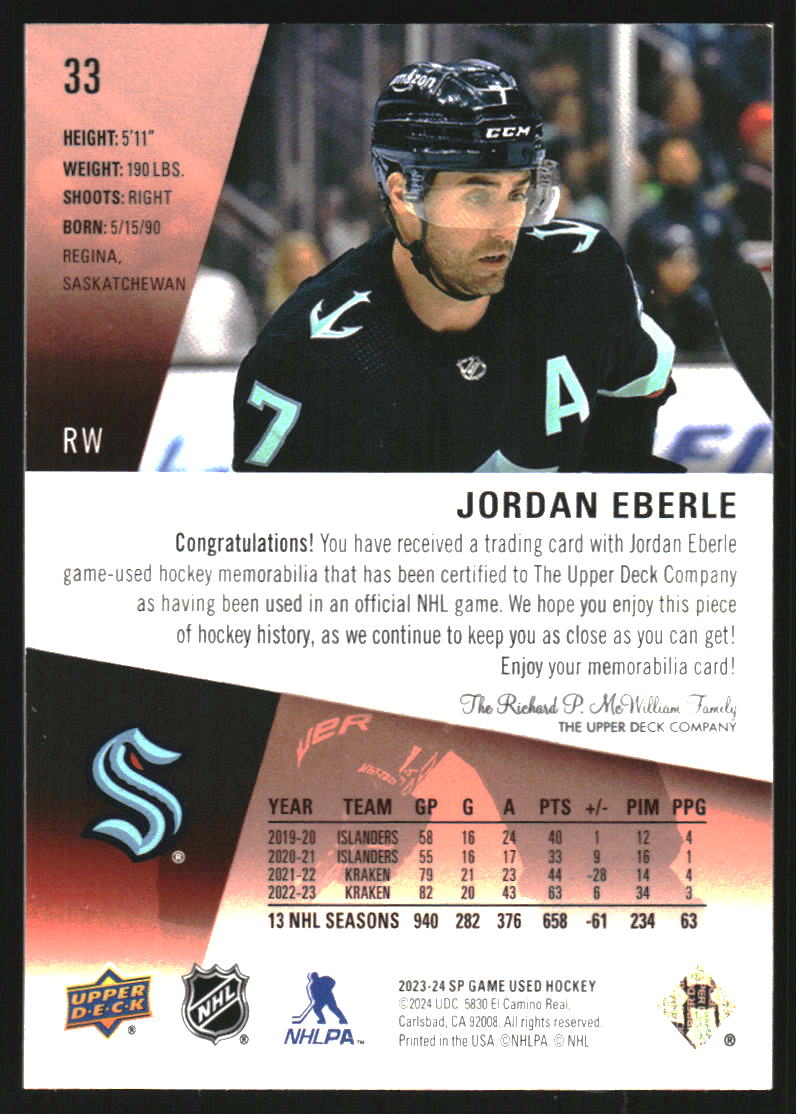 2023-24 SP Game Used Jerseys #33 Jordan Eberle Jersey