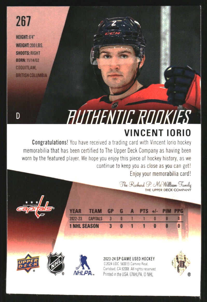 2023-24 SP Game Used Jerseys #267 Vincent Iorio Jersey