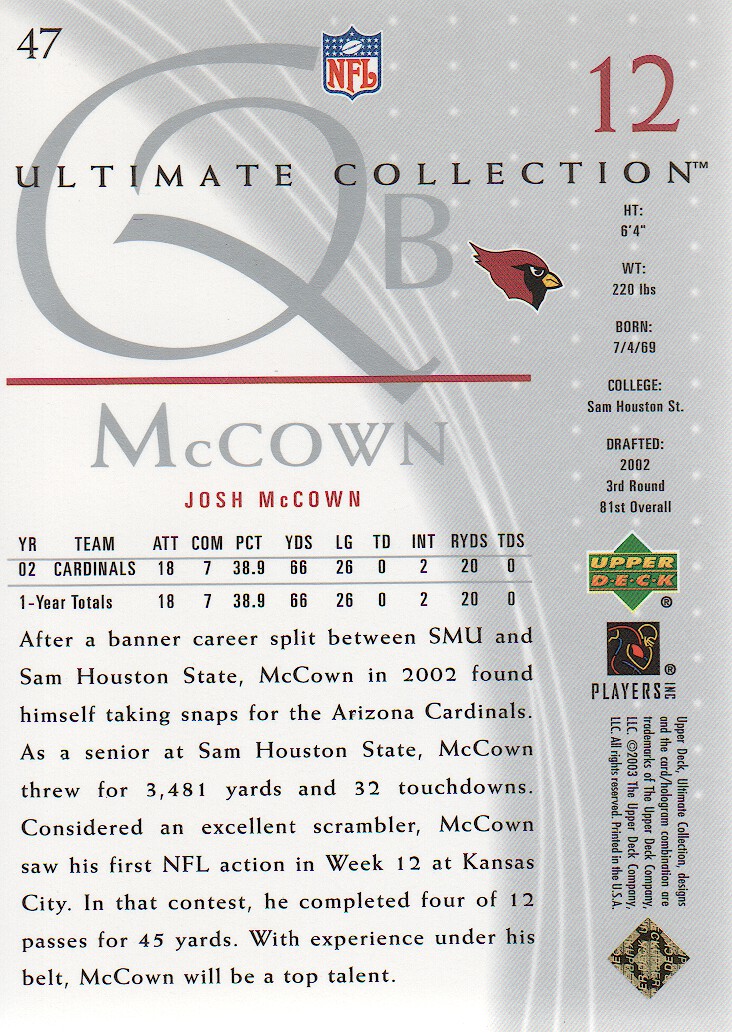 2003 Ultimate Collection #47 Josh McCown back image