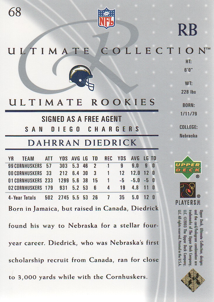 2003 Ultimate Collection #68 Dahrran Diedrick/750 RC back image