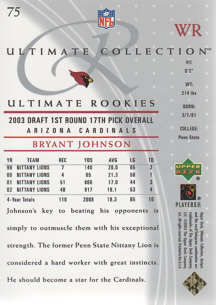 2003 Ultimate Collection #75 Bryant Johnson/750 RC back image