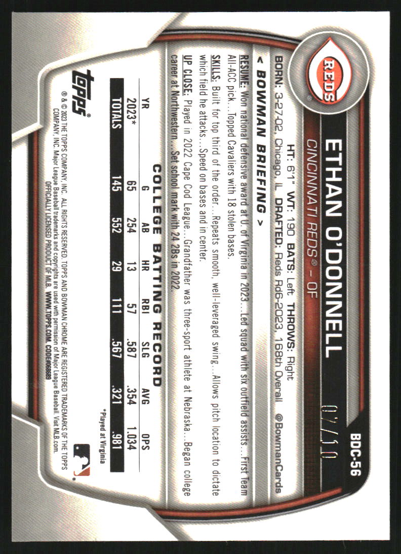 2023 Bowman Chrome Draft Sapphire Black Refractors #BDC56 Ethan O'Donnell /10