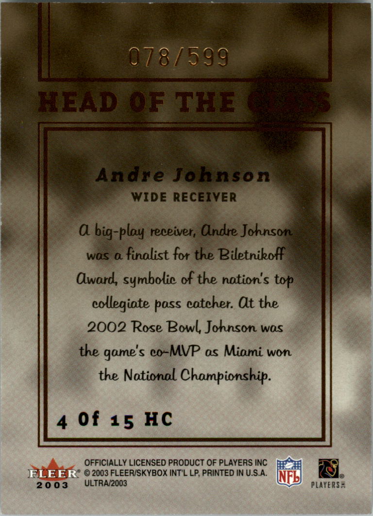 2003 Ultra Head of the Class #4 Andre Johnson back image