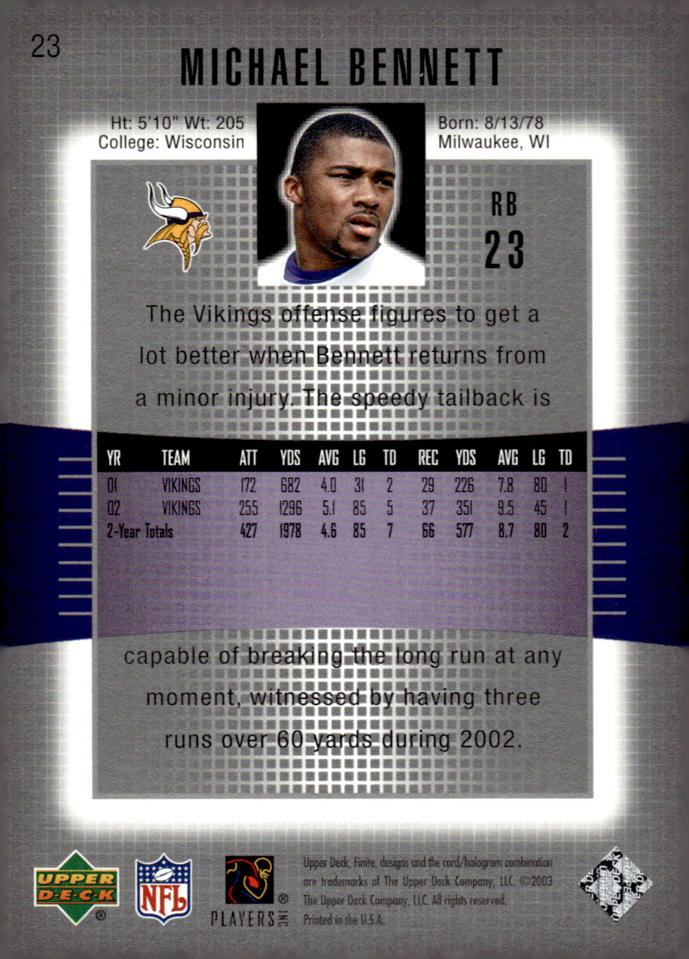 2003 Upper Deck Finite #23 Michael Bennett back image