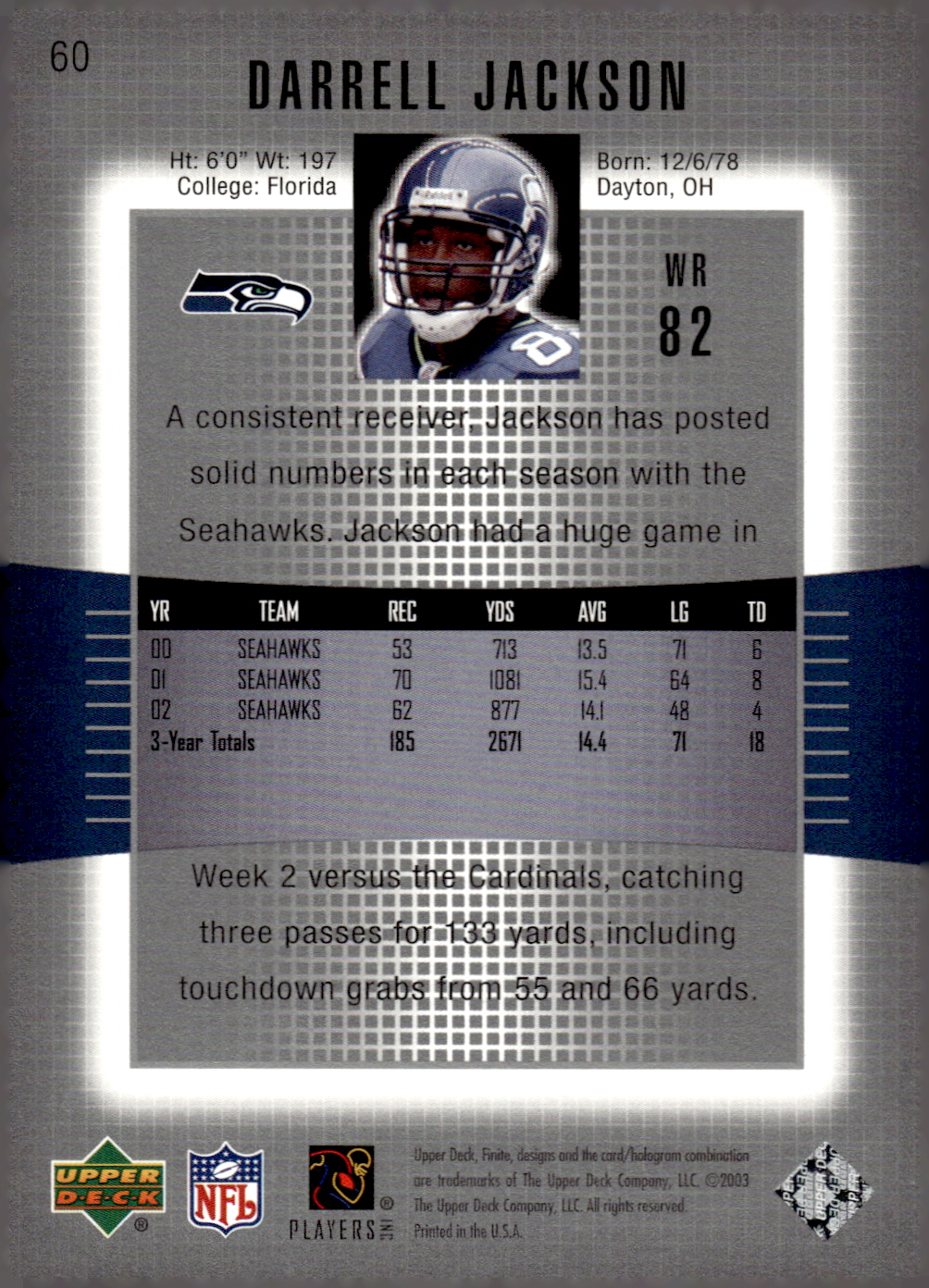 2003 Upper Deck Finite #60 Darrell Jackson back image