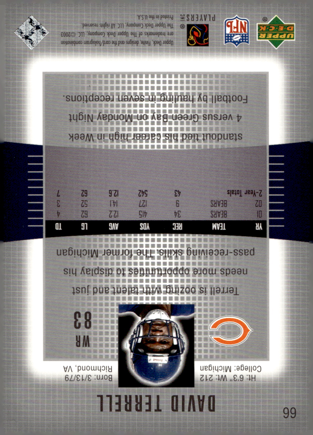 2003 Upper Deck Finite #66 David Terrell back image