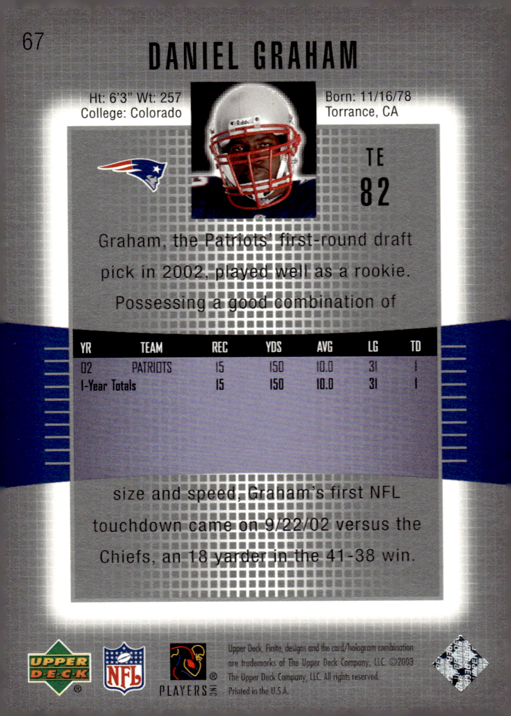2003 Upper Deck Finite #67 Daniel Graham back image
