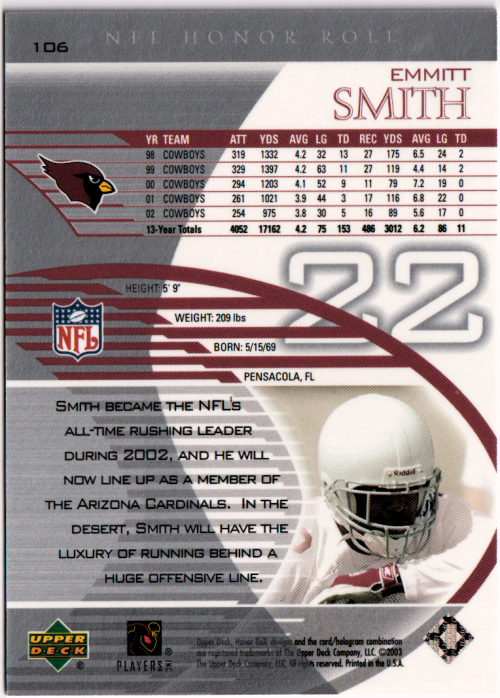 2003 Upper Deck Honor Roll Silver #106 Emmitt Smith back image