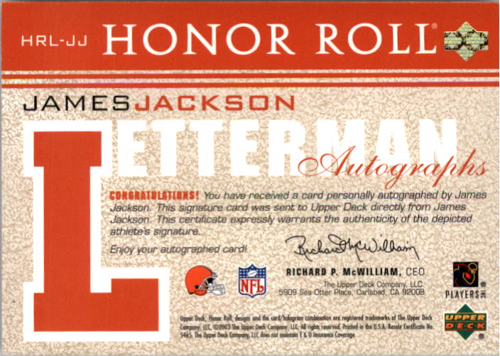 2003 Upper Deck Honor Roll Letterman Autographs Gold #HRLJJ James Jackson back image