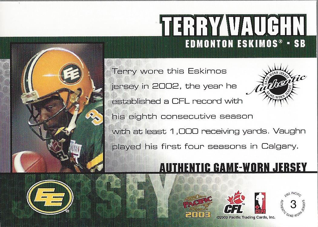 2003 Pacific CFL Game Worn Jerseys #3 Terry Vaughn back image