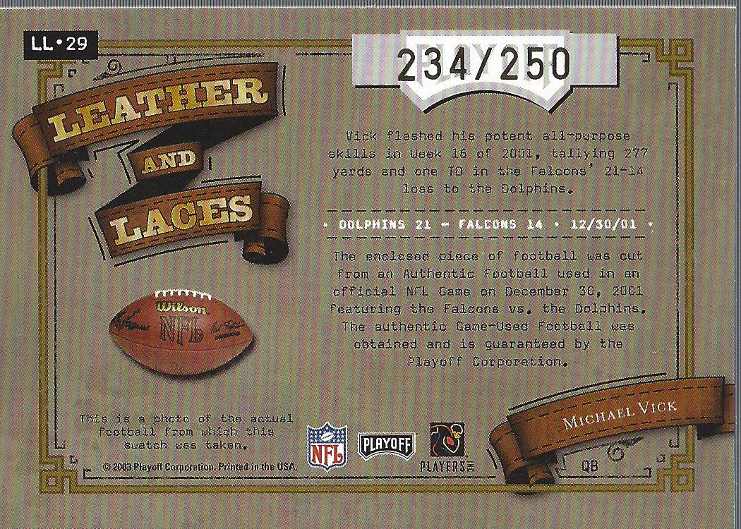 2003 Absolute Memorabilia Leather and Laces #LL29 Michael Vick back image