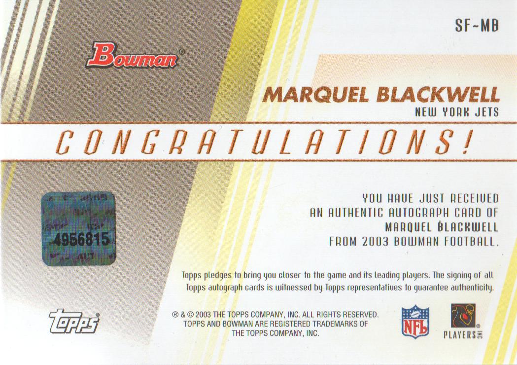 2003 Bowman Signs of the Future Autographs #SFMB Marquel Blackwell M back image