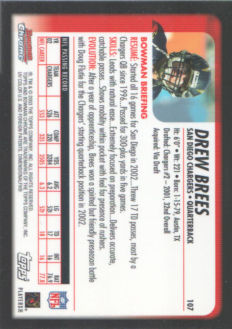 2003 Bowman Chrome #107 Drew Brees back image