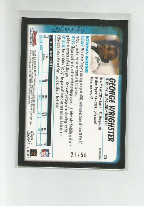 2003 Bowman Chrome Gold Refractors #171 George Wrighster back image