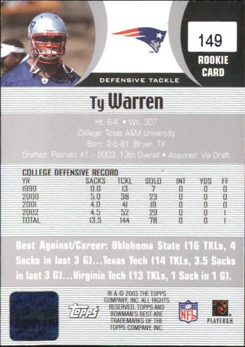 2003 Bowman's Best #149 Ty Warren AU RC back image