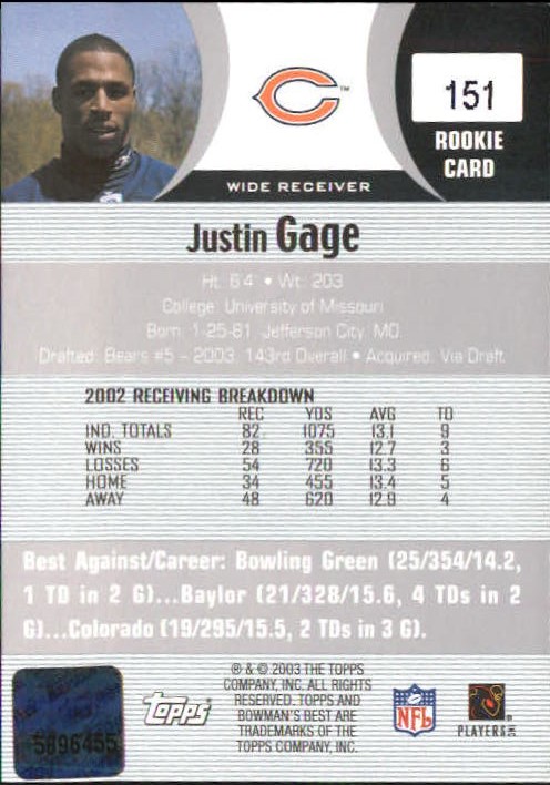 2003 Bowman's Best #151 Justin Gage AU RC back image