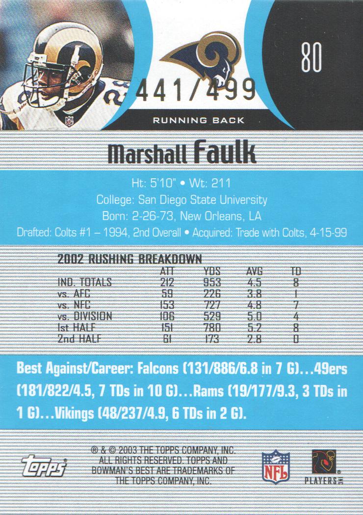 2003 Bowman's Best Blue #80 Marshall Faulk back image