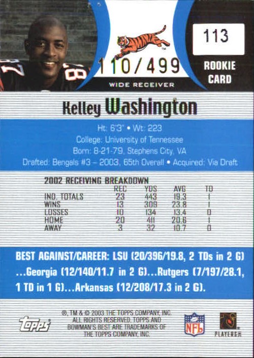 2003 Bowman's Best Blue #113 Kelley Washington JSY back image