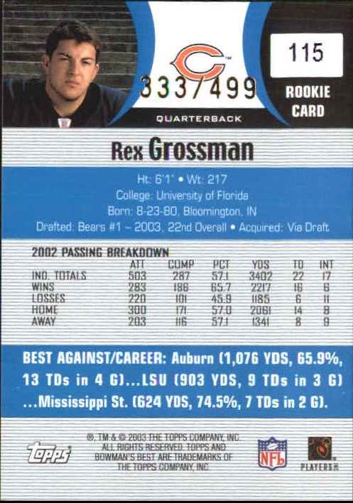 2003 Bowman's Best Blue #115 Rex Grossman JSY back image